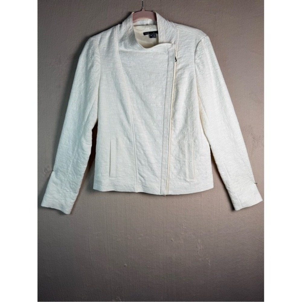 Vince Moto Zip Jacket Ivory Textured Minimalist Size M 98% Cotton Asymmetrical